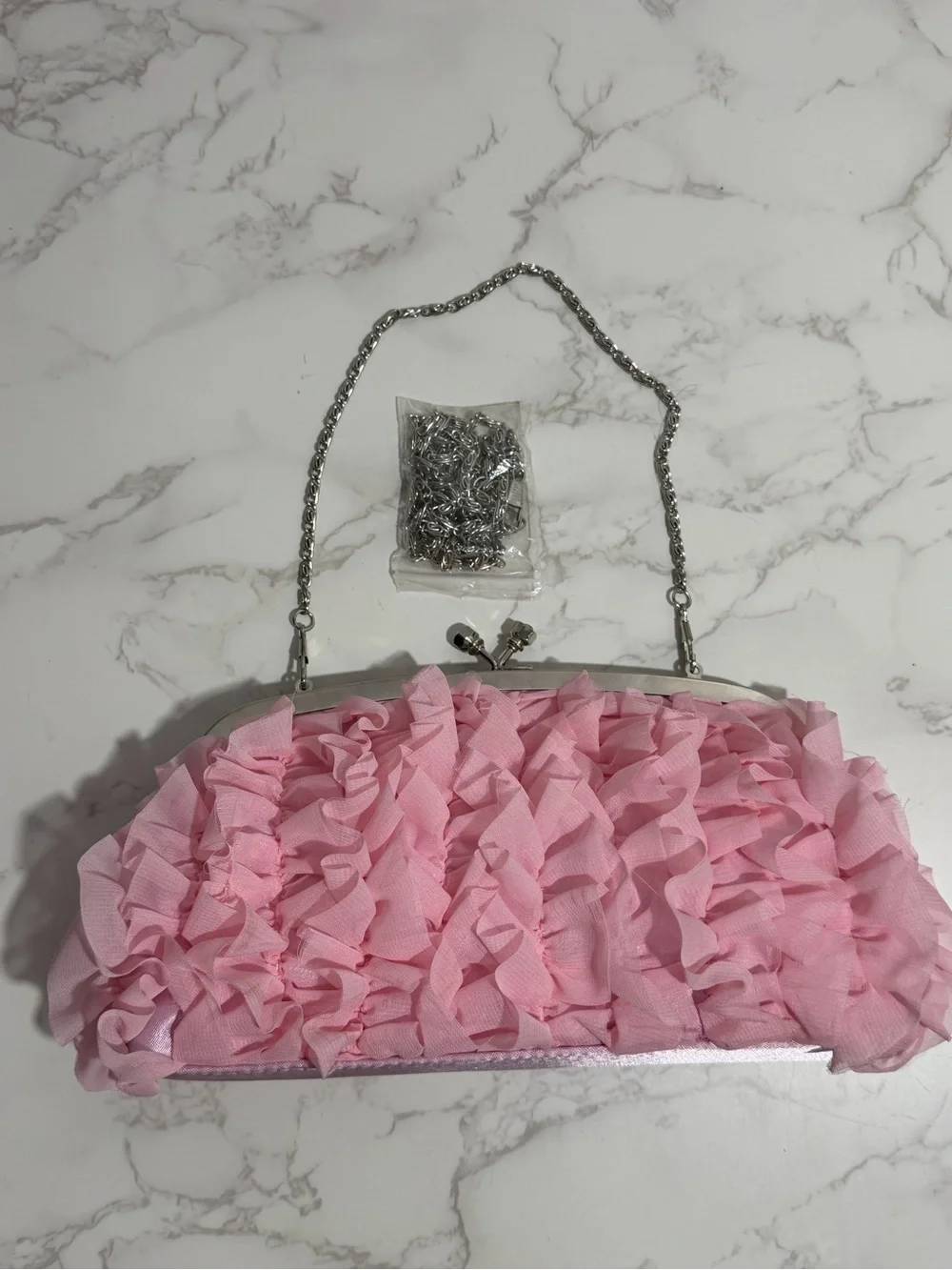 Pink Ruffle Evening Clutch/Crossbody Crystal Embellished Kiss-Lock Handbag
